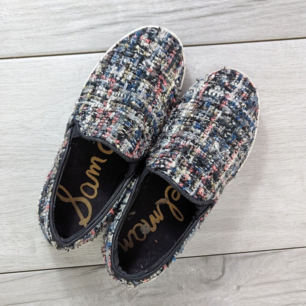 Sam Edelman Lacey Metallic Black, White, Pink & Blue Tweed Slip On Sneakers sz 6